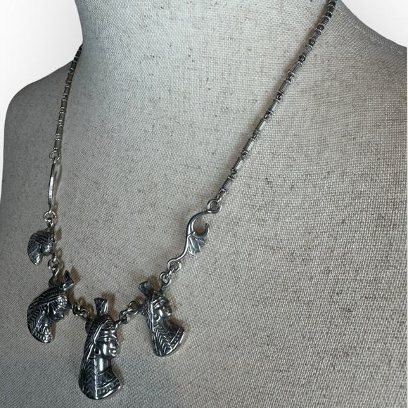 Vintage 925 Sterling Silver Egyptian Cleopatra Head Charm Necklace 19” - Picture 4 of 7
